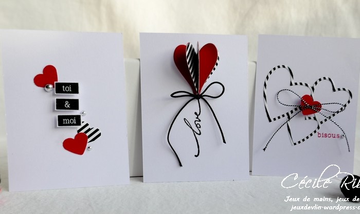 Des Mini-cartes #11 – Cœurs rouges et  rayures noires  pour la&nbsp;Saint-Valentin.