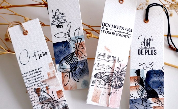 Quatuor de marque-pages à l&rsquo;aquarelle et&nbsp;tampons.