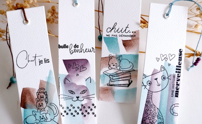 Quatuor de marque-pages à l&rsquo;aquarelle et tampons – des&nbsp;chats